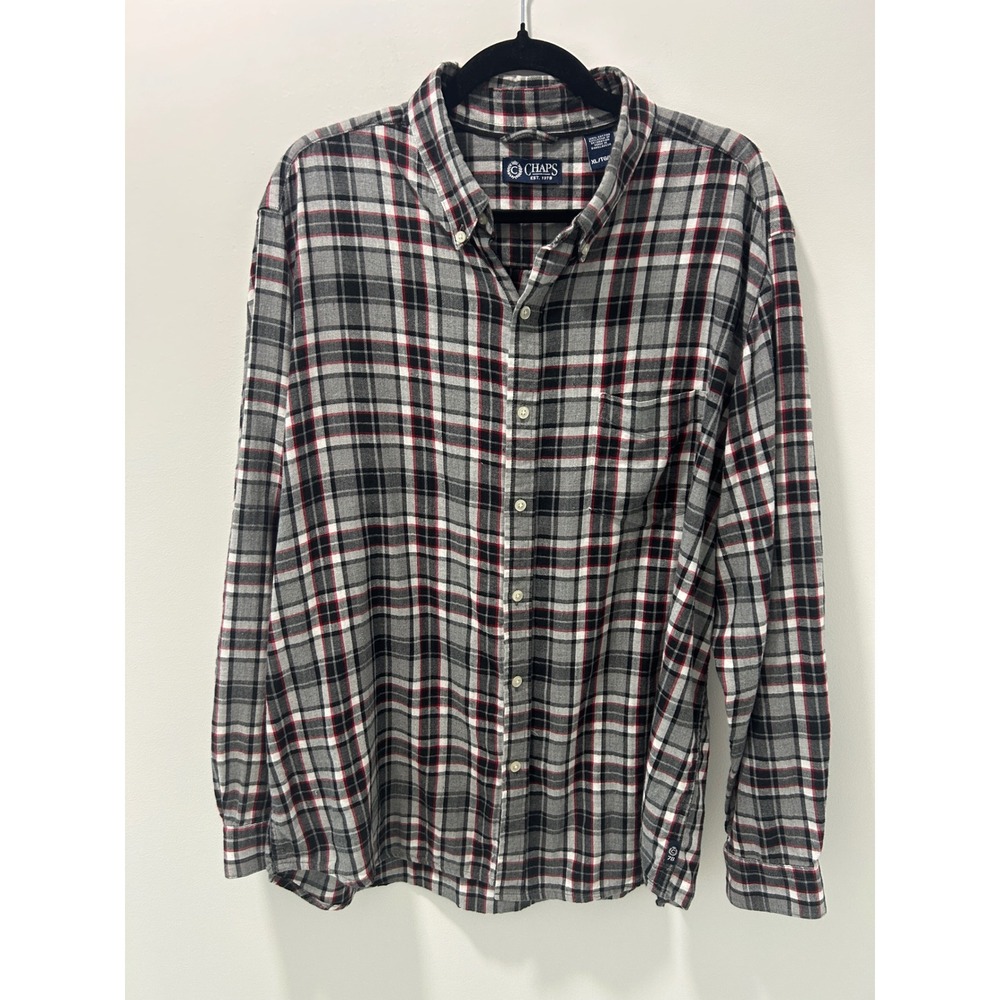 Chaps Mens XL‎ Long Sleeve Plaid Button Down Shirt Grey Red Black Cotton Flannel